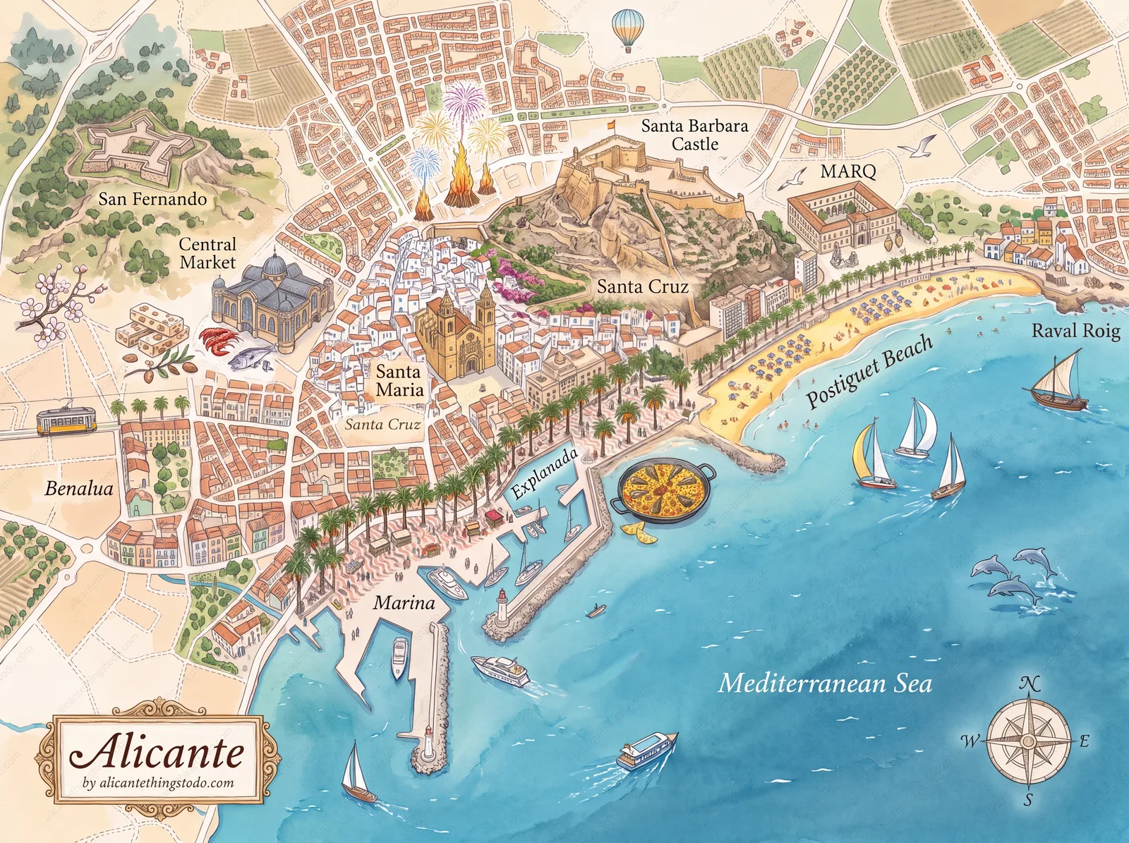Illustrated map of central Alicante with its hilltop castle, old quarter, beach, palm promenade, marina and Mediterranean Sea.”