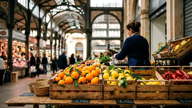 Crates of oranges, lemons and peppers on a stall in Alicante's Central Market.