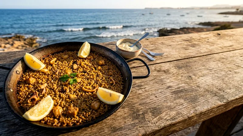 Pan of saffron rice with seafood, lemon wedges and alioli on a seaside table.