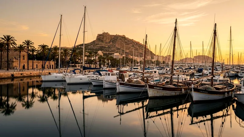 Sailboats moored in calm water at Alicante Marina at sunrise.