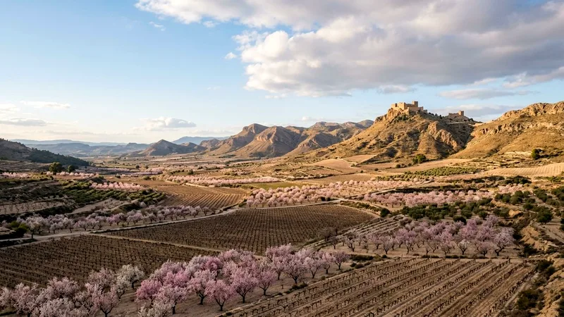 Almond trees in blossom and vineyards in a dry hilly valley inland of Alicante.